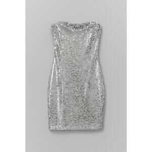 GB Silver Sequin Strapless Bodycon Mini Dress Size L Party Club Night Out Glam